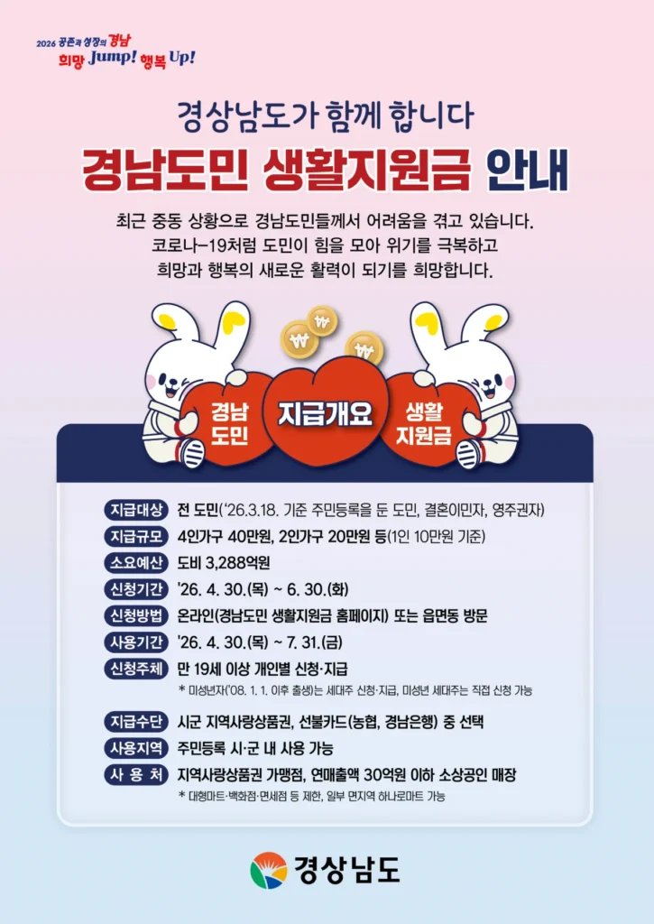 2026 경남도민 생활지원금 10만원 지급 공고문