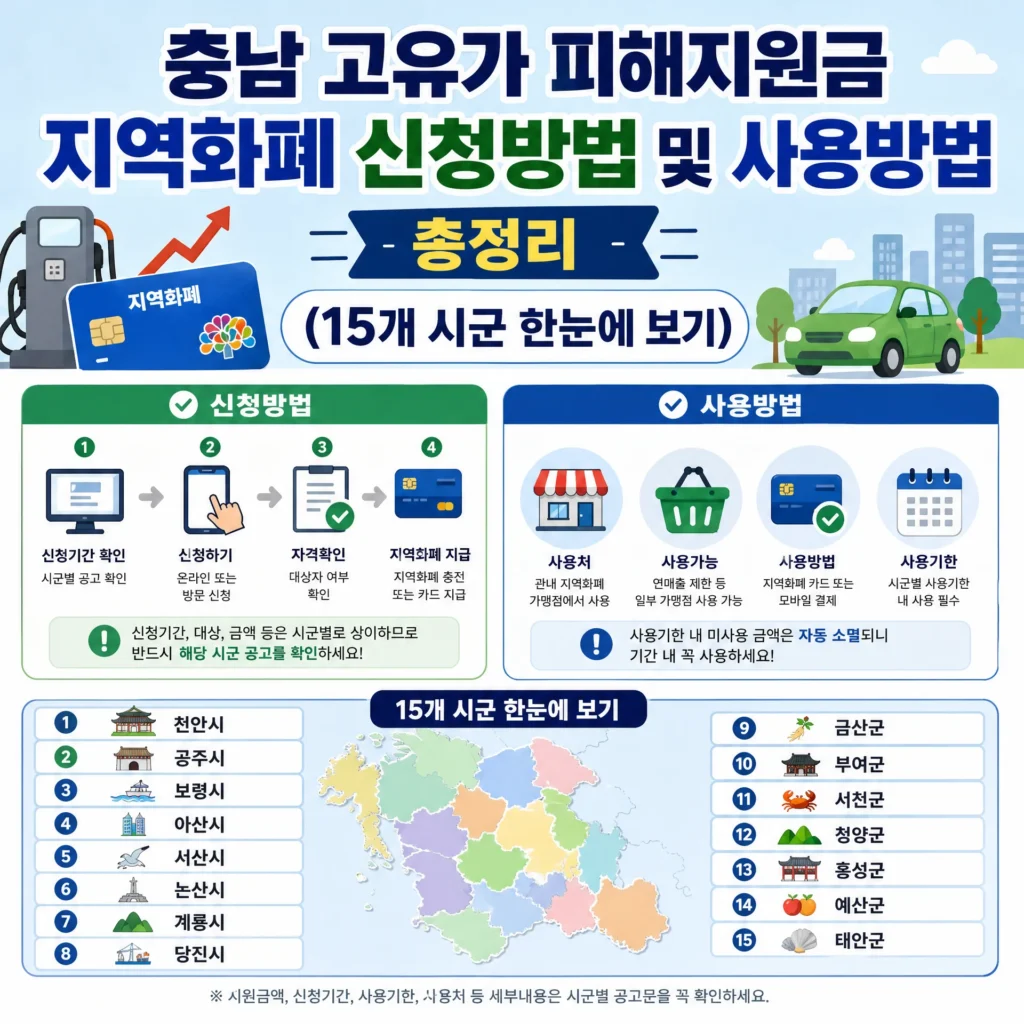 충남 지역화폐 고유가 피해지원금 신청방법 및 사용방법 총정리 (15개 시·군 한눈에 보기)