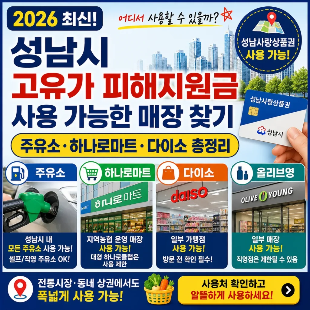 2026 성남시 고유가 피해지원금 사용 가능한 매장 찾기|주유소·하나로마트·다이소 총정리