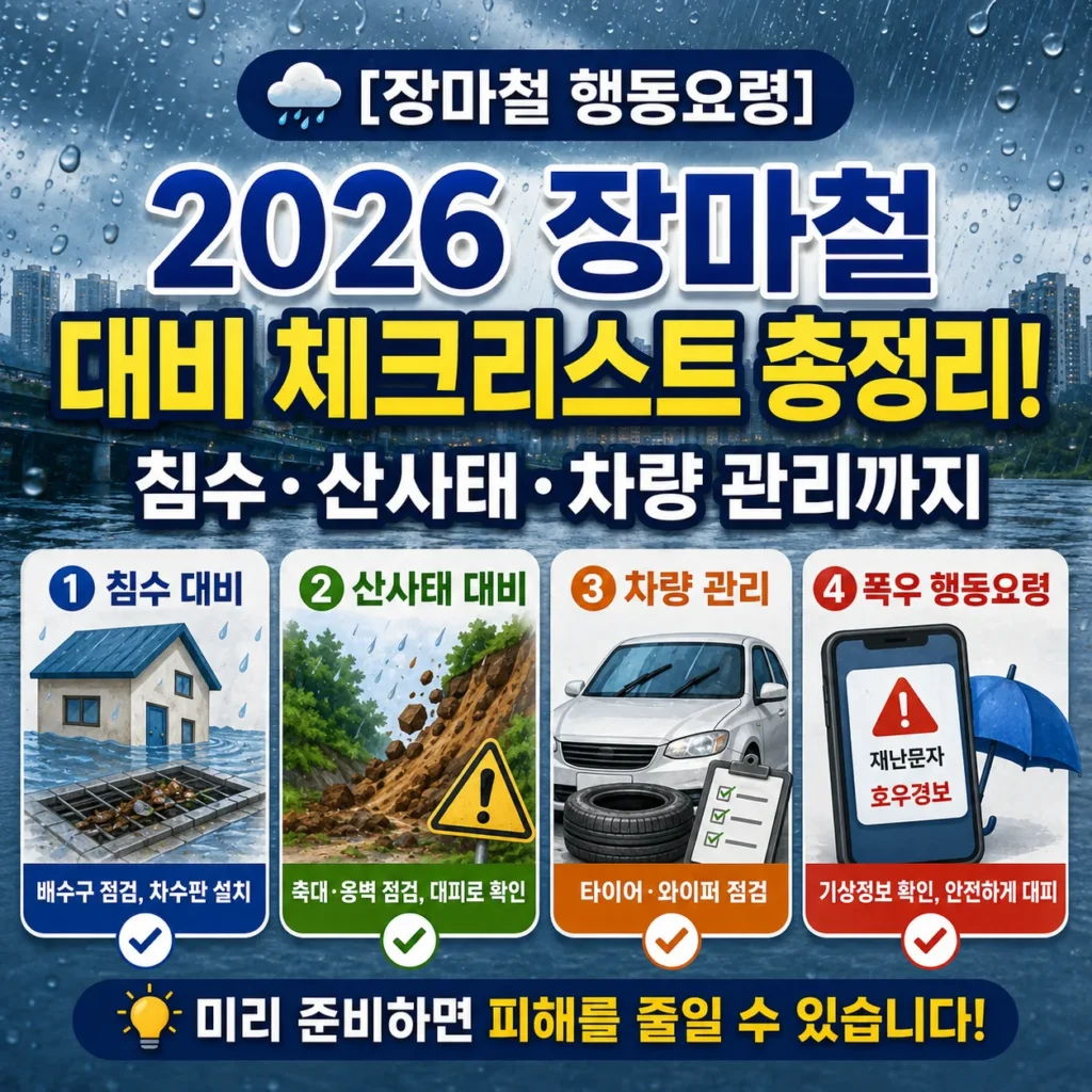 [장마철 행동요령] 2026 장마철 대비 체크리스트 총정리! 침수·산사태·차량 관리까지