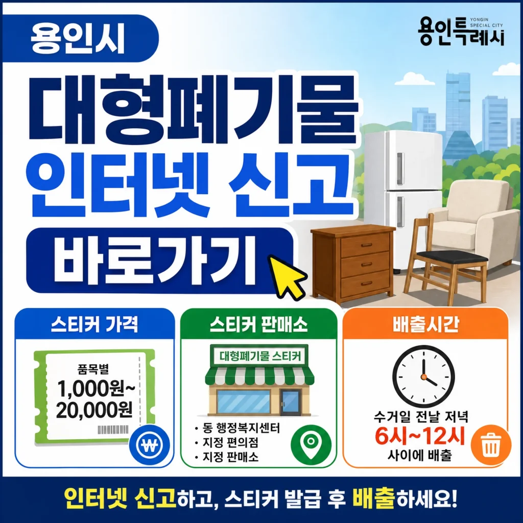 용인시 대형폐기물 인터넷 신고 바로가기, 스티커 가격·판매소·배출시간