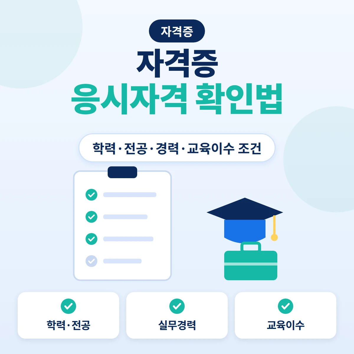 자격증 응시자격 확인방법을 나타낸 체크리스트 문서와 학사모, 서류 가방 안내 이미지