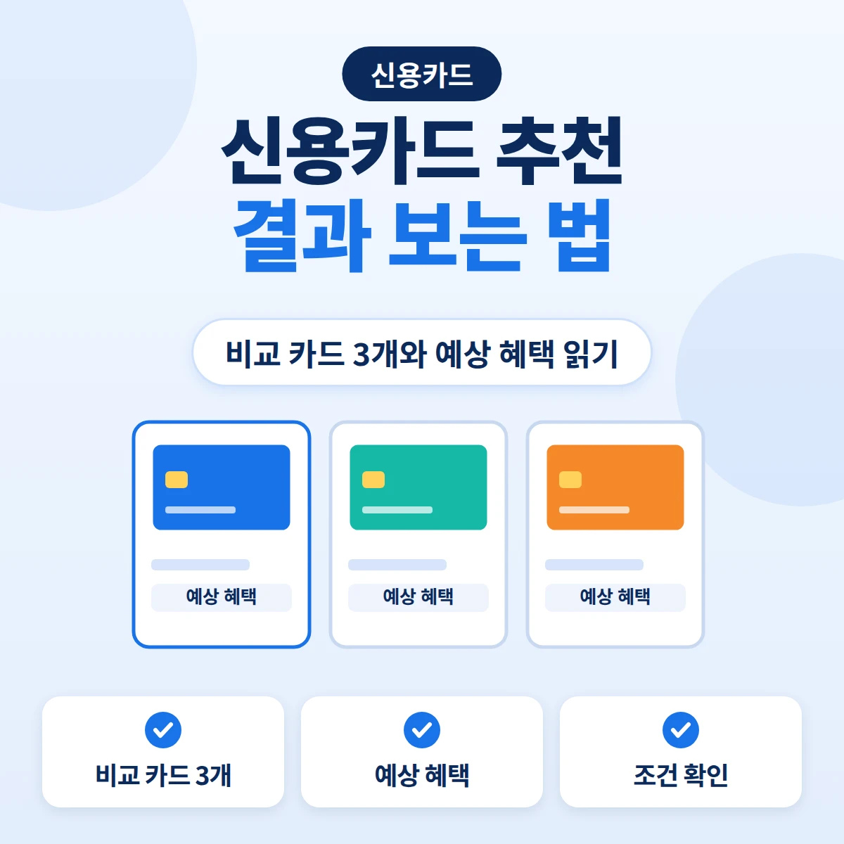 신용카드 추천 결과로 나온 비교 카드 3개와 카드별 예상 혜택을 나란히 그린 안내 이미지