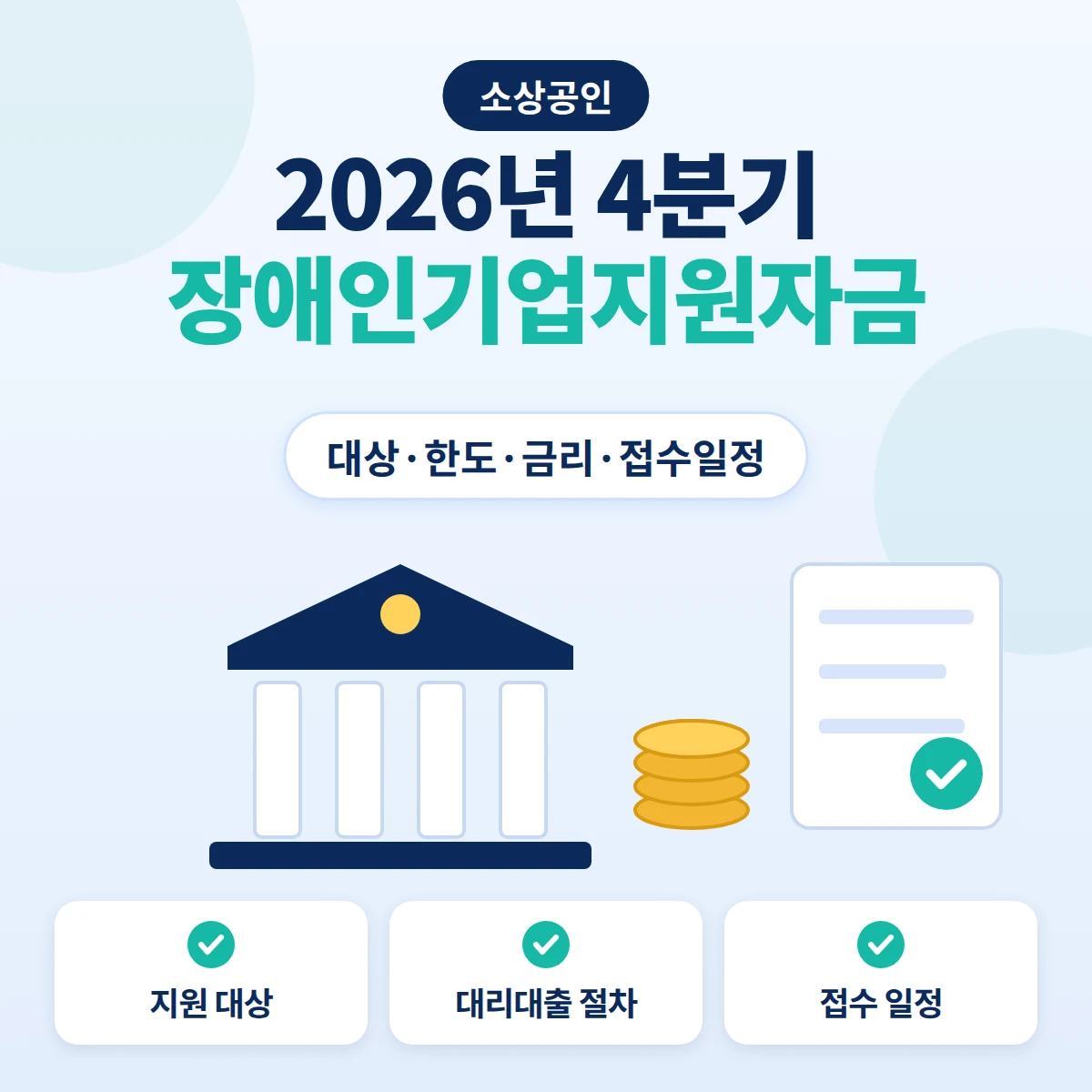 2026년 4분기 장애인기업지원자금의 지원 대상·대리대출 절차·접수 일정을 은행 건물과 동전, 승인 표시 문서로 표현한 안내 이미지