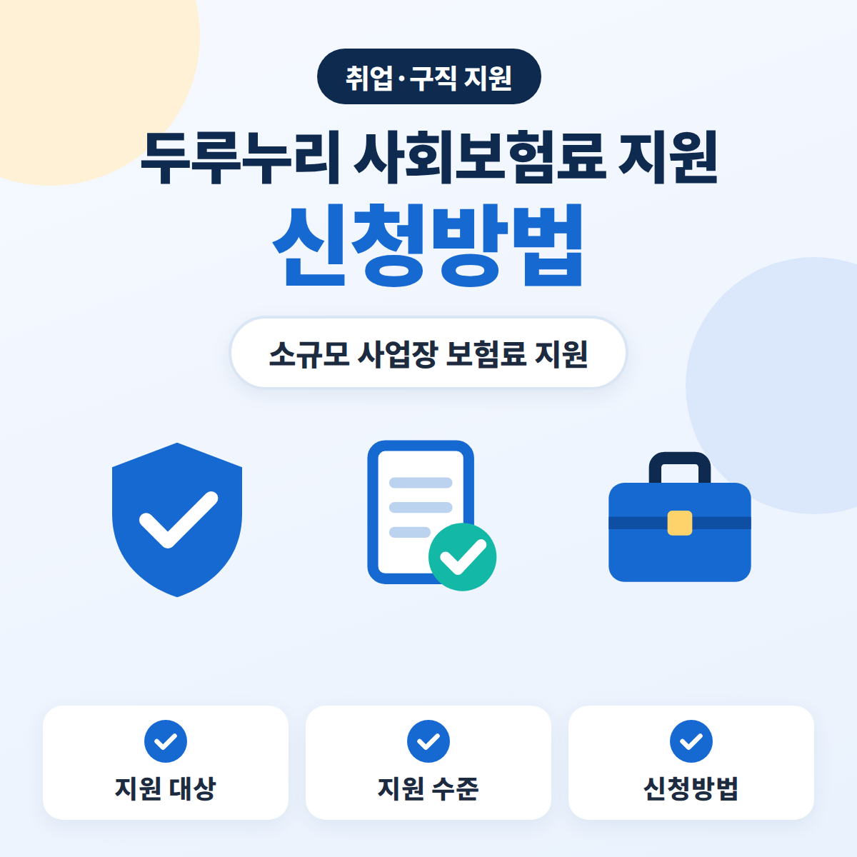 두루누리 사회보험료 지원 신청방법 대표이미지. 방패와 체크한 서류, 서류가방 아이콘으로 소규모 사업장 고용보험·국민연금 보험료 지원을 나타낸 블루 톤 정보 카드