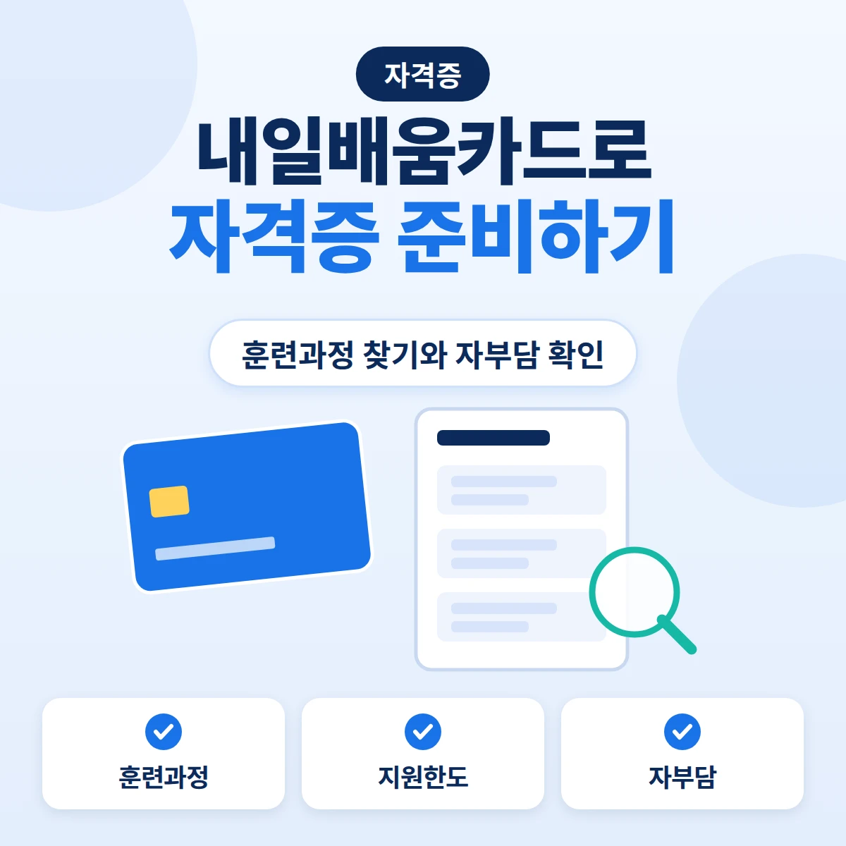 국민내일배움카드 자격증 준비를 나타낸 파란 카드와 훈련과정 목록, 돋보기 안내 이미지