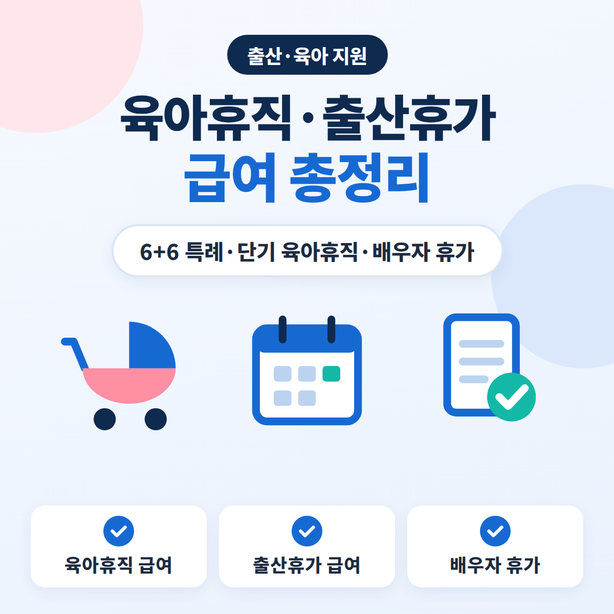 육아휴직 급여·출산휴가 급여 총정리 대표이미지. 유모차와 달력, 체크한 서류 아이콘으로 육아휴직 급여와 출산휴가·배우자 휴가 급여를 나타낸 블루 톤 정보 카드