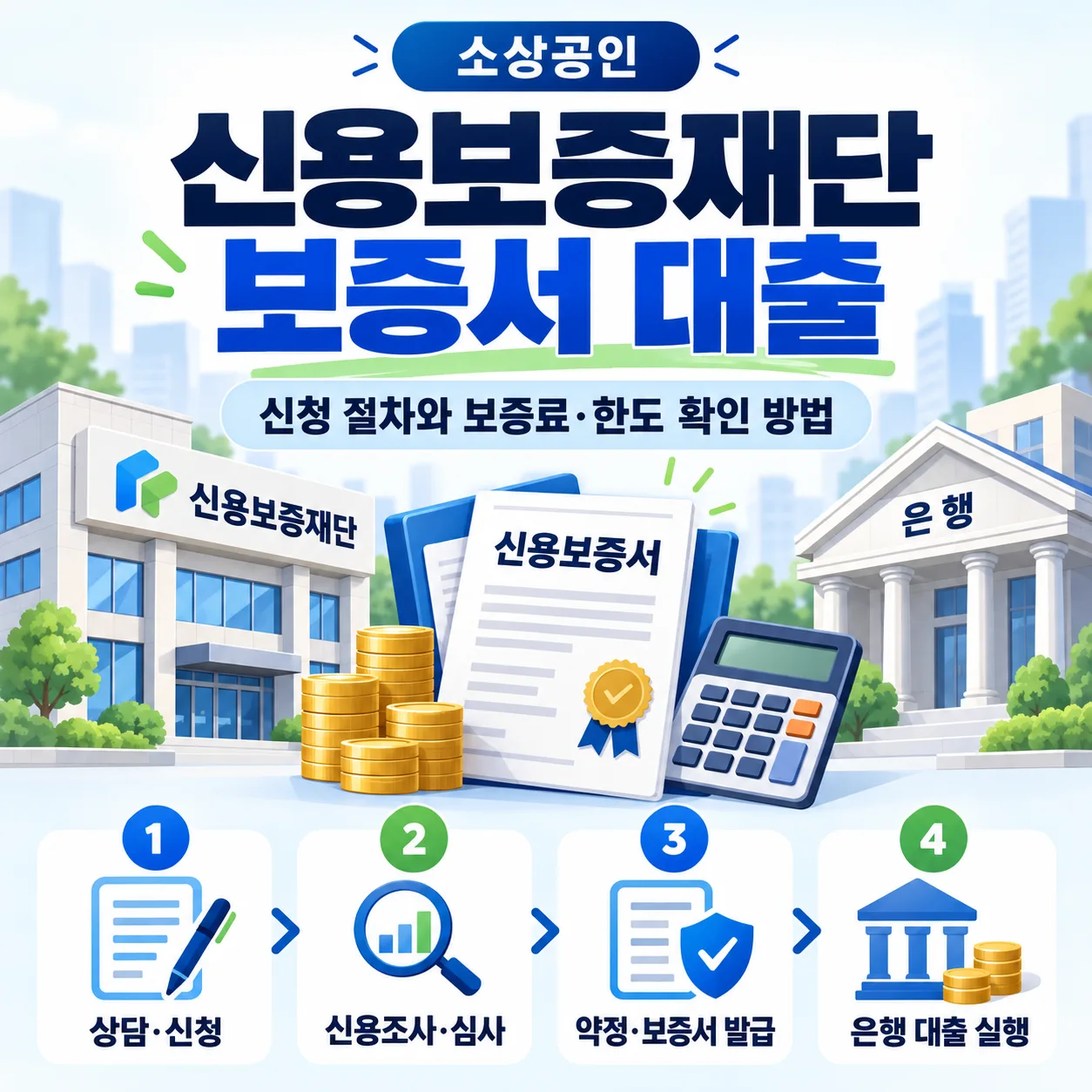 신용보증재단 보증서 대출의 신청 절차와 보증료·한도 확인 방법을 정리한 안내 이미지