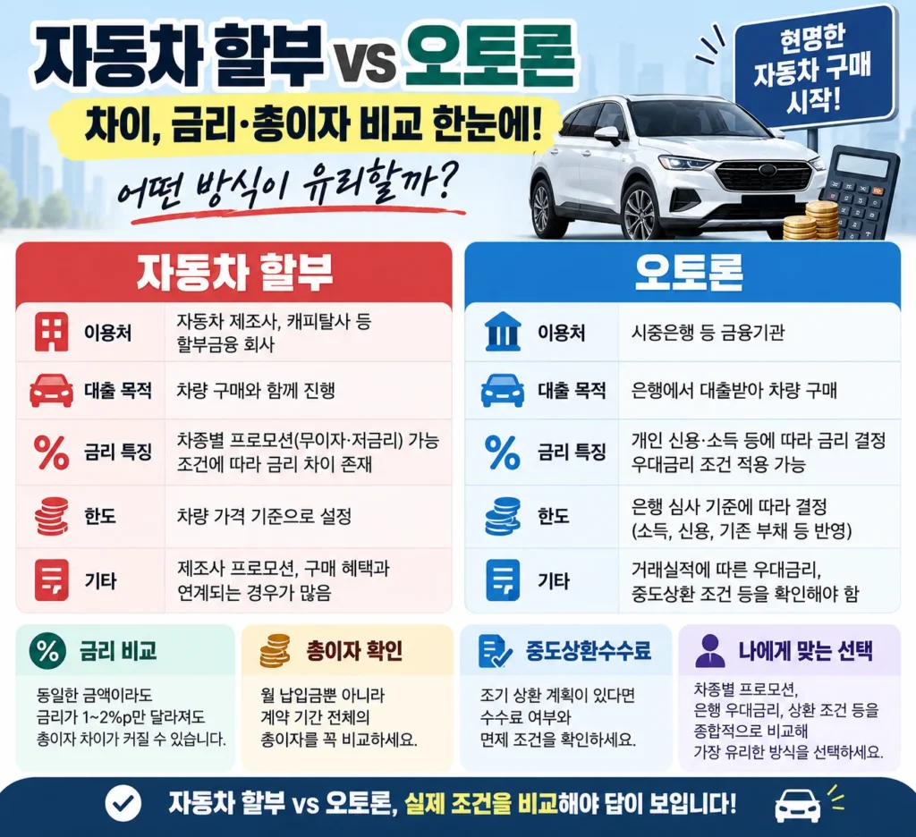 자동차 할부 vs 오토론 차이 핵심 요약
