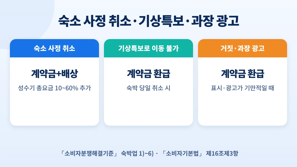 숙소 사정 취소 시 계약금 환급과 배상, 기상특보로 이동 불가 시 계약금 환급, 거짓·과장 광고 시 계약금 환급