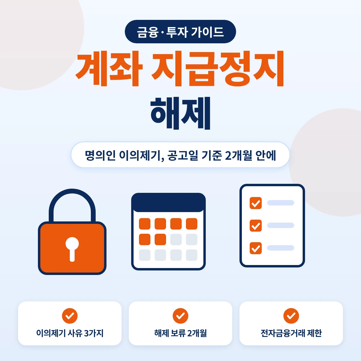 계좌 지급정지 해제 요약, 명의인이 공고일 기준 2개월 안에 이의제기하고 피해자 통보 후 2개월 해제 보류를 거치는 흐름