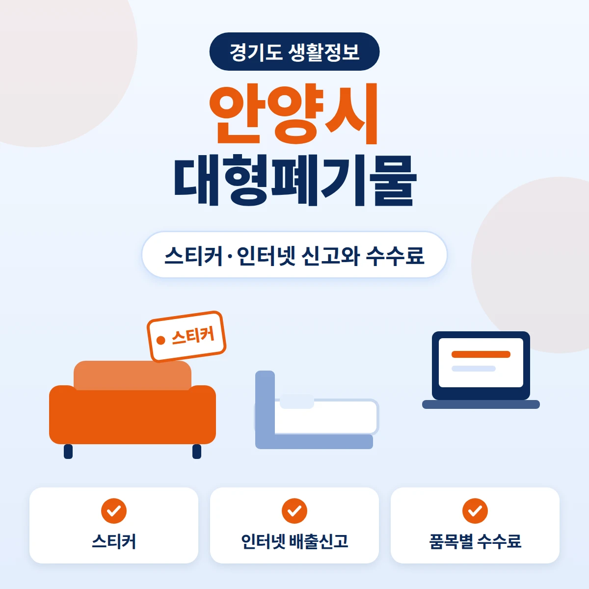 안양시 대형폐기물 스티커와 인터넷 배출신고 두 가지 방법과 품목별 수수료 확인을 정리한 안내 이미지