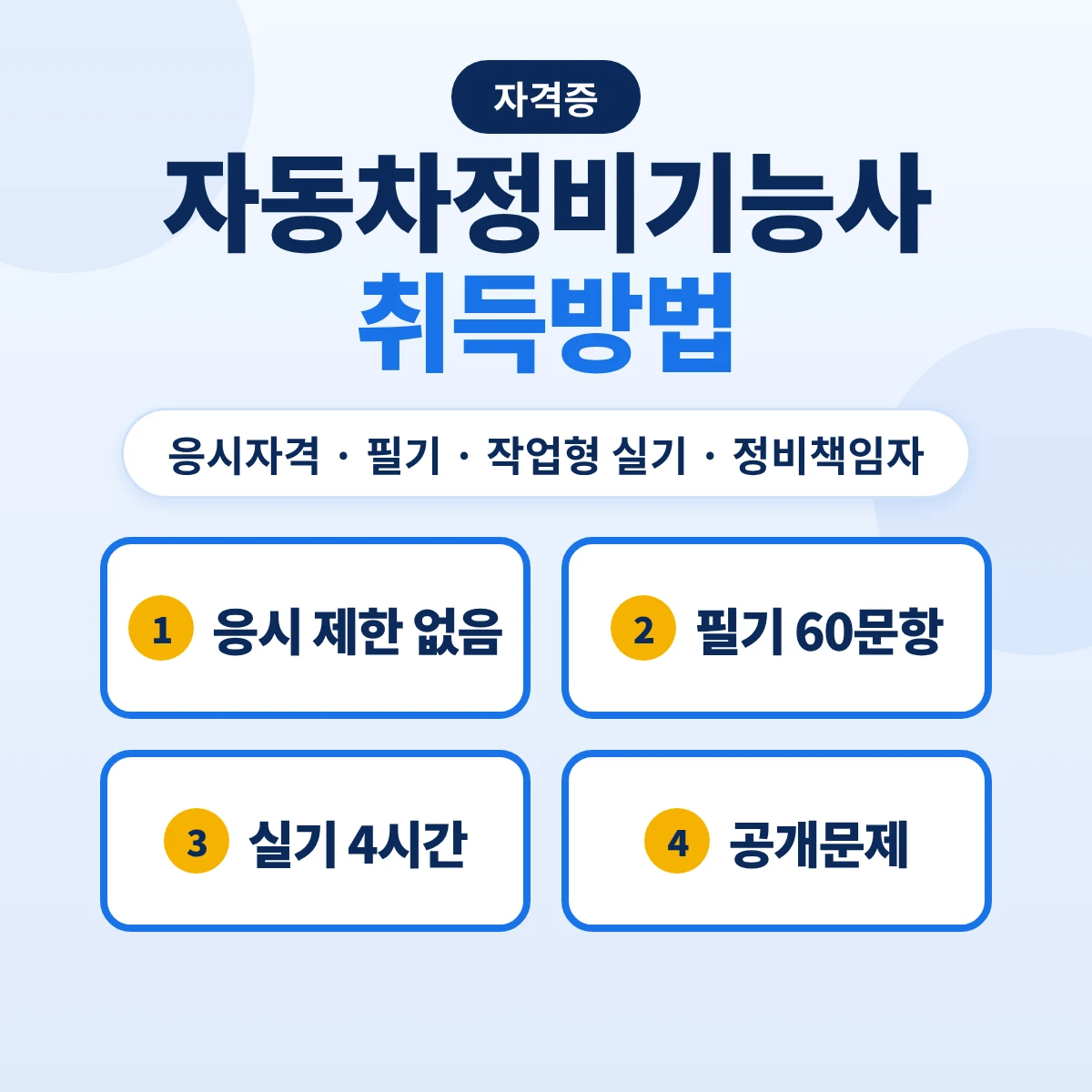 자동차정비기능사 취득방법: 응시자격·필기 과목·실기 공개문제·정비책임자 요건