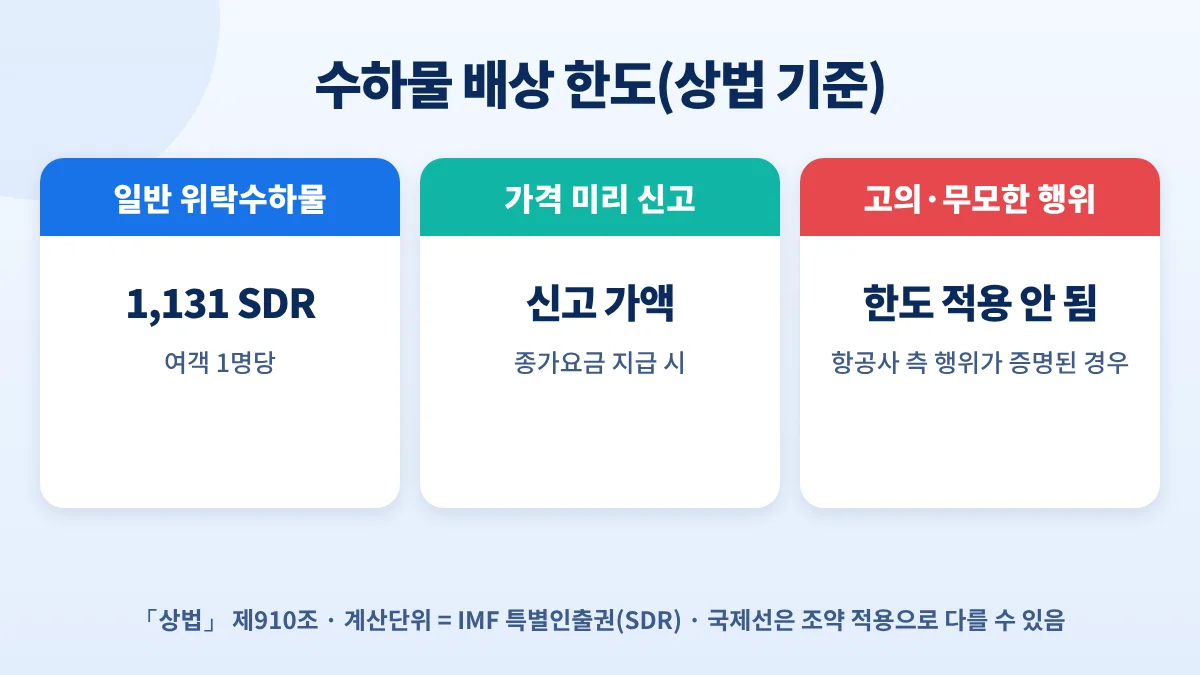 상법 수하물 배상 한도: 일반 여객 1명당 1,131 SDR, 가격 신고 시 신고 가액, 고의·무모한 행위는 한도 적용 안 됨