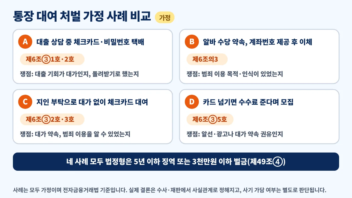 가정 사례 4가지로 본 통장 대여 처벌 쟁점 비교, 대출 미끼 카드 송부·알바 계좌 이체·대가 없는 대여·모집 권유별 적용 조문과 판단 요소, 법정형은 모두 5년 이하 징역 또는 3천만원 이하 벌금