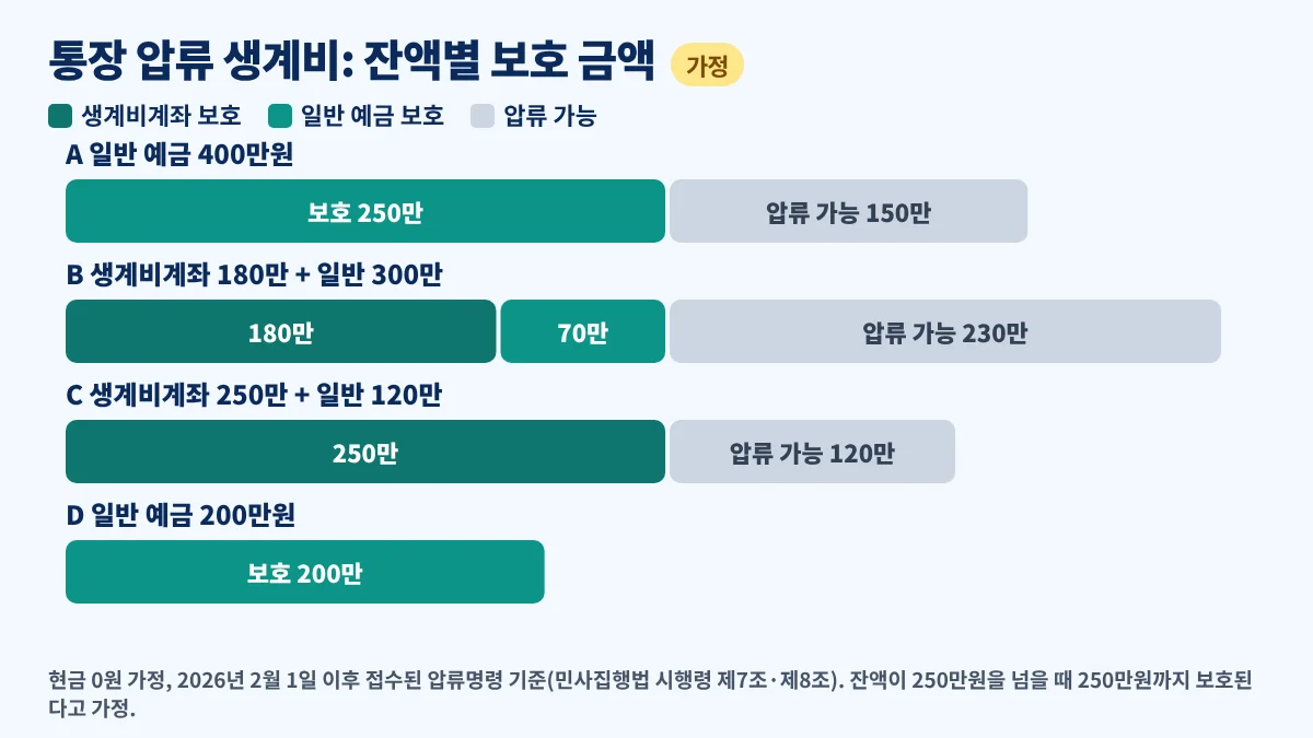 통장 압류 생계비 계산 예시, 생계비계좌와 일반 예금 잔액에 따라 250만원 안에서 보호되는 금액과 압류 가능 금액 비교