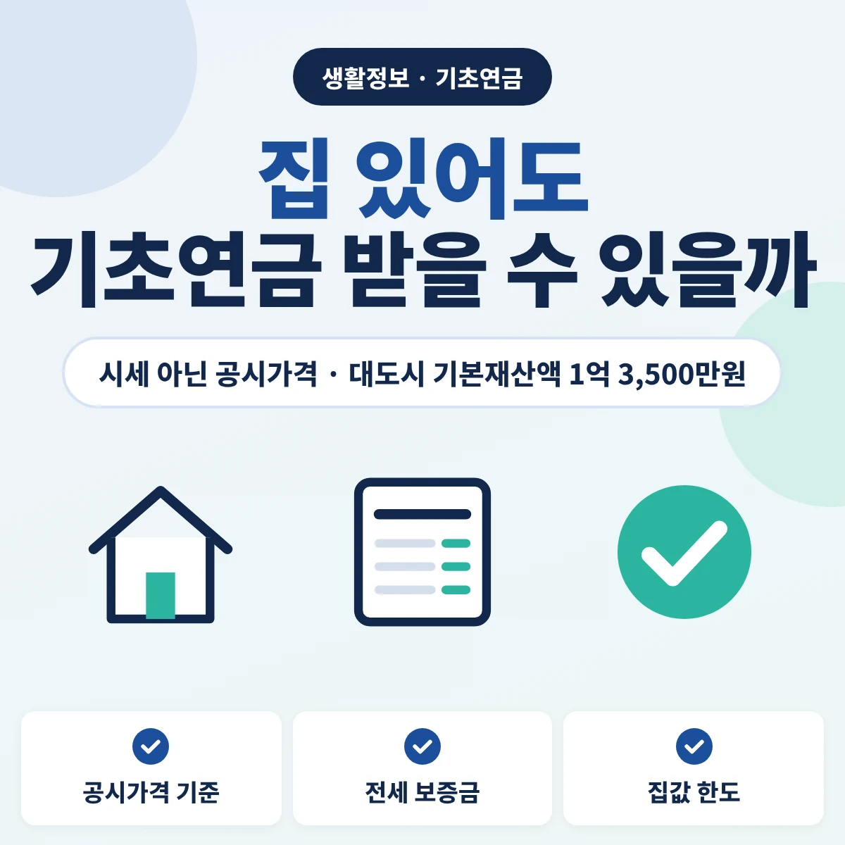 집이 있어도 기초연금을 받을 수 있는지와 주택 공시가격·전세 보증금 재산 기준 안내 이미지