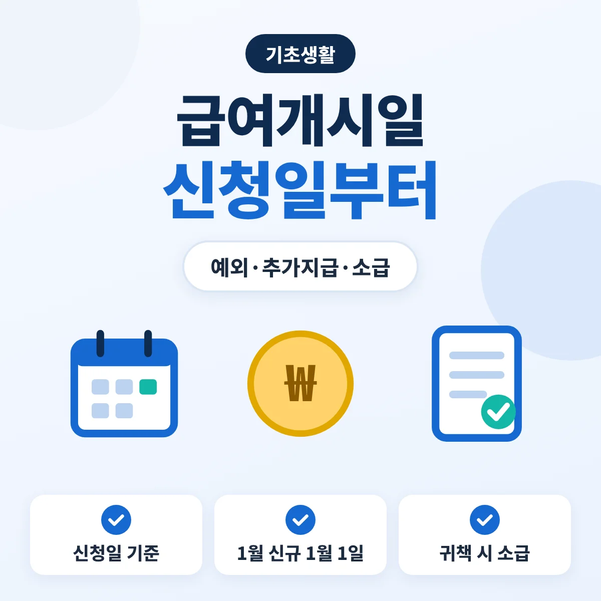 기초생활 급여개시일 안내 이미지, 신청일 기준, 1월 신규 수급자는 1월 1일, 보장기관 귀책일 때 소급지급