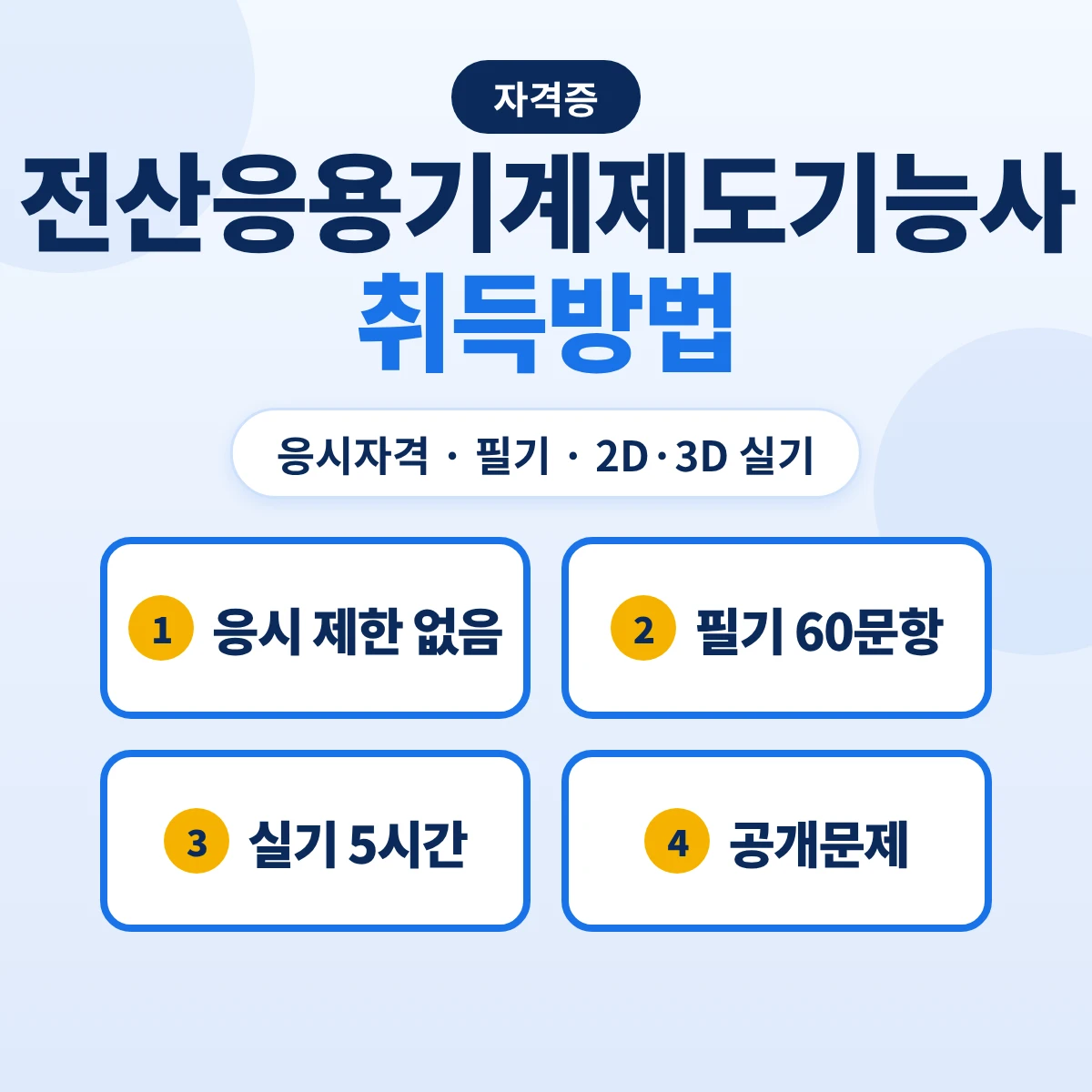 전산응용기계제도기능사 취득방법: 응시자격·필기 과목·실기 5시간 2D·3D 제도·실격 기준