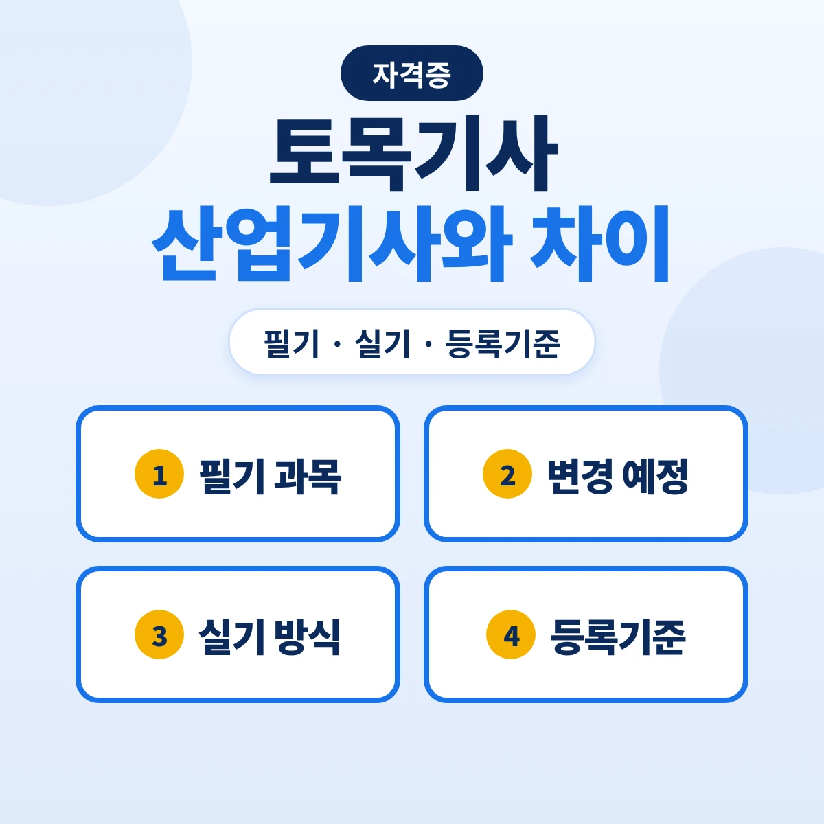 토목기사 토목산업기사 차이: 필기 과목·2028 변경 예정·필답형과 작업형 실기·건설업 등록기준 비교