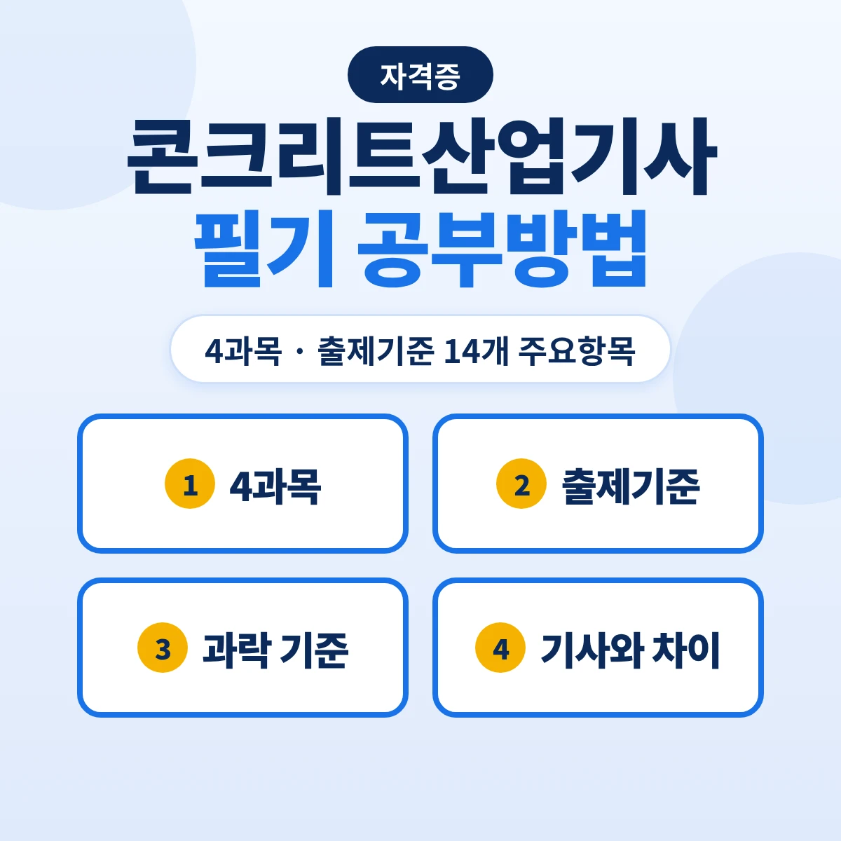 콘크리트산업기사 필기 공부방법: 4과목 출제기준 14개 주요항목·과락 기준과 기사 범위 차이