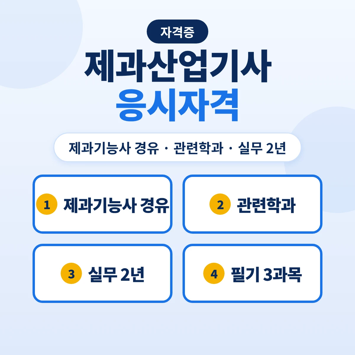 제과산업기사 응시자격: 제과기능사 실무 1년·관련학과·실무 2년 경로와 필기 3과목