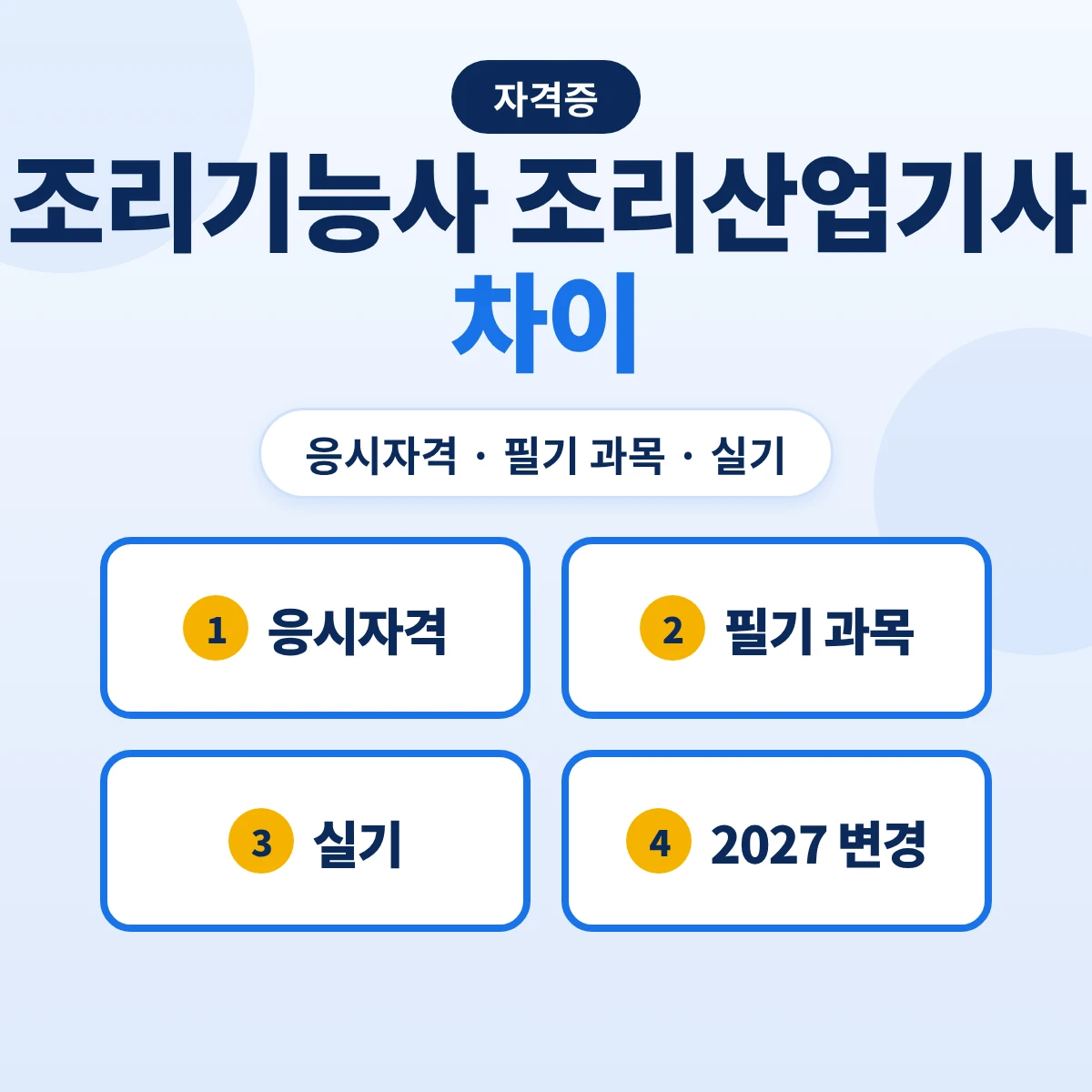 조리기능사 조리산업기사 차이: 응시자격·필기 3과목·실기 시간·2027 과목 변경