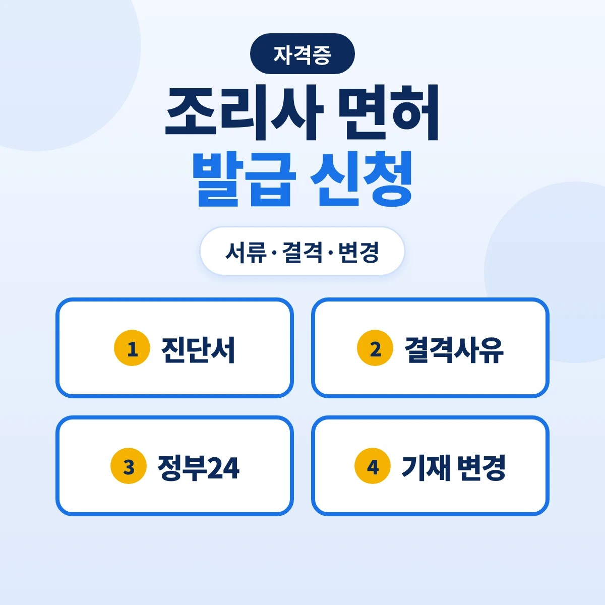 조리사 면허 발급 신청: 대상 자격·진단서·결격사유·정부24 신청과 재발급·기재사항 변경·면허 취소 기준