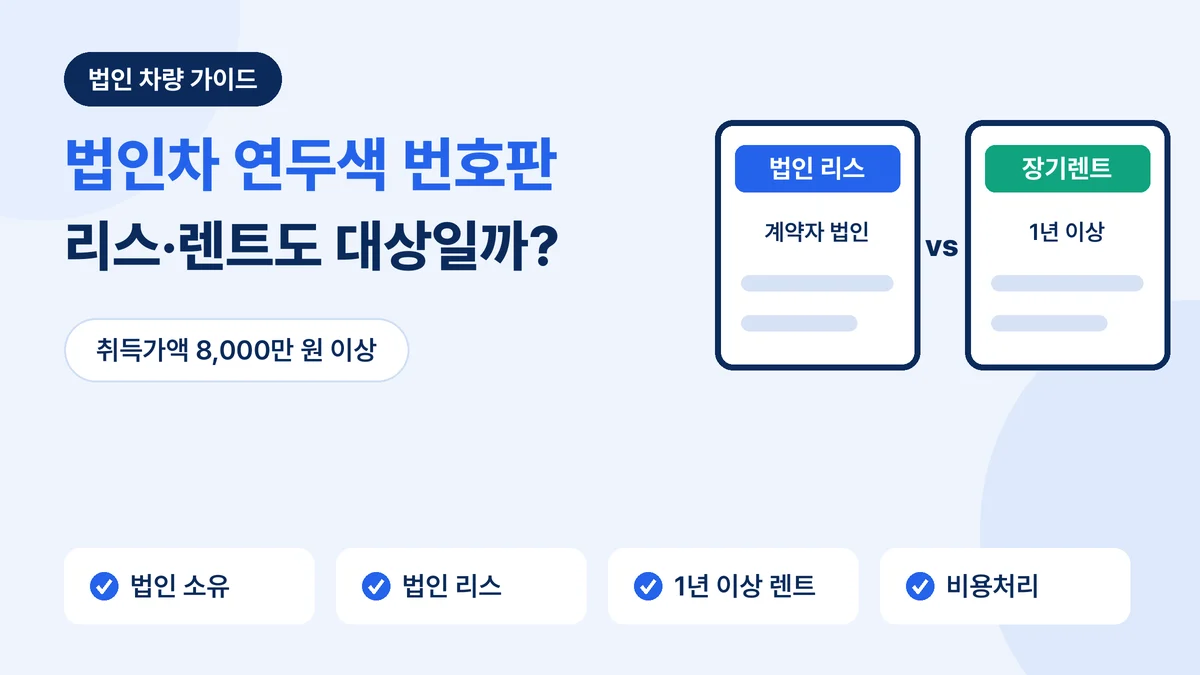 법인차 연두색 번호판 대상: 법인 리스와 1년 이상 장기렌트, 취득가액 8,000만 원 기준