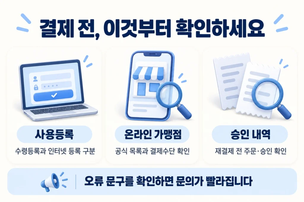 문화누리카드 온라인 결제 오류 시 사용등록·온라인 가맹점·승인 내역 확인사항
