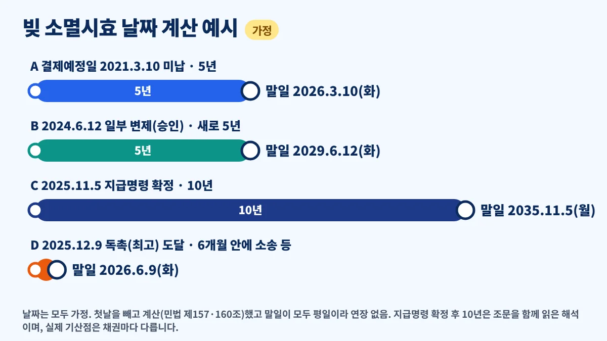 빚 소멸시효 날짜 계산 예시, 가정한 결제예정일 2021년 3월 10일 기준 5년 말일 2026년 3월 10일, 승인 뒤 2029년 6월 12일, 지급명령 확정 뒤 2035년 11월 5일