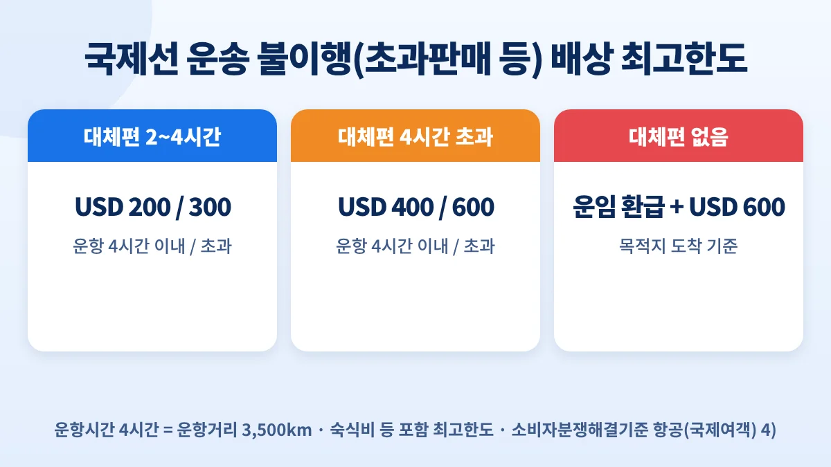 국제선 운송 불이행 배상 최고한도: 대체편 2~4시간 USD 200·300, 4시간 초과 USD 400·600, 대체편 없으면 운임 환급과 USD 600