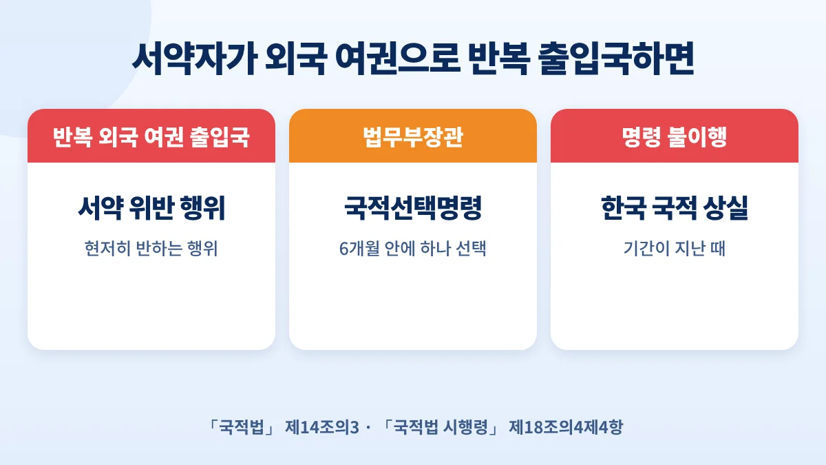 외국국적불행사 서약자가 외국 여권으로 반복 출입국하면: 서약 위반 행위, 6개월 내 국적선택명령, 불이행 시 한국 국적 상실