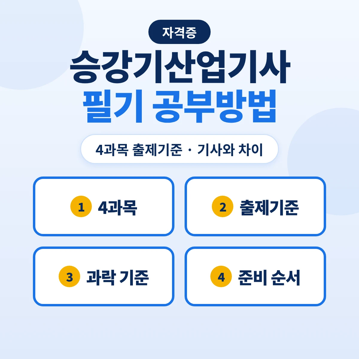 승강기산업기사 필기 공부방법: 4과목 출제기준 42개 주요항목·기사와 차이·과락 기준