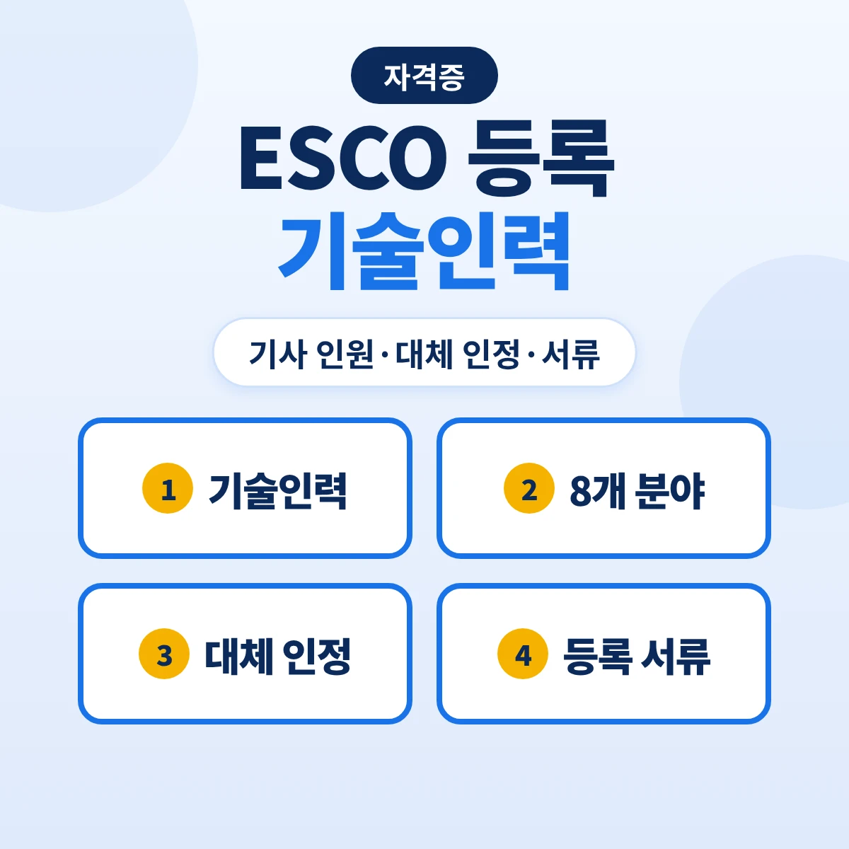 에너지절약전문기업 기술인력 기준: ESCO 등록 기사 3명·8개 분야·기술사·에너지진단사 대체와 등록 신청 서류