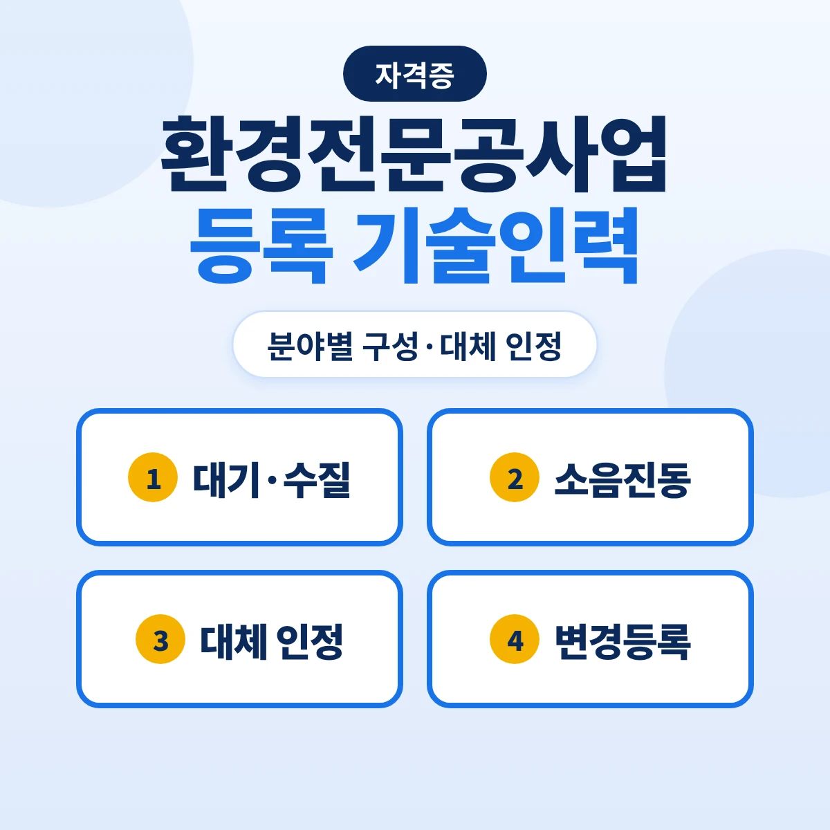 환경전문공사업 등록 기술인력: 대기·수질·소음진동 분야별 기술사·기사 구성과 대체 인정·변경등록