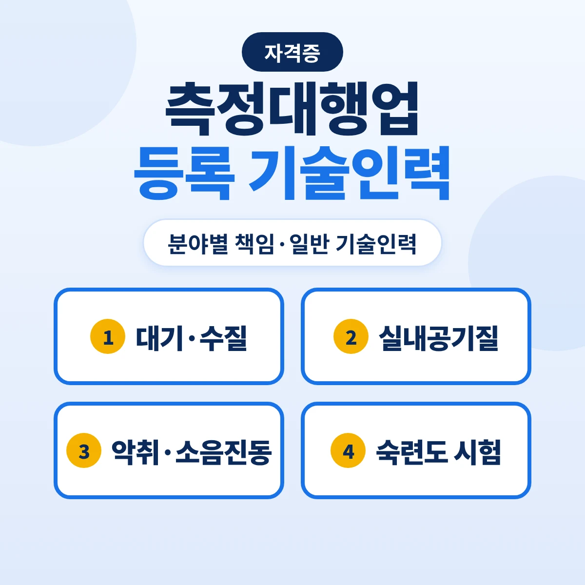측정대행업 등록 기술인력 기준: 대기·수질·실내공기질·악취·소음진동 책임·일반기술인력과 숙련도 시험