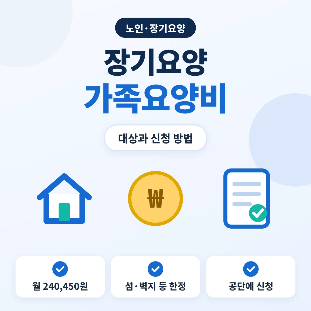 장기요양 가족요양비 대상과 신청 방법 안내 이미지, 월 240,450원, 섬·벽지 등 한정 대상, 국민건강보험공단 신청을 정리