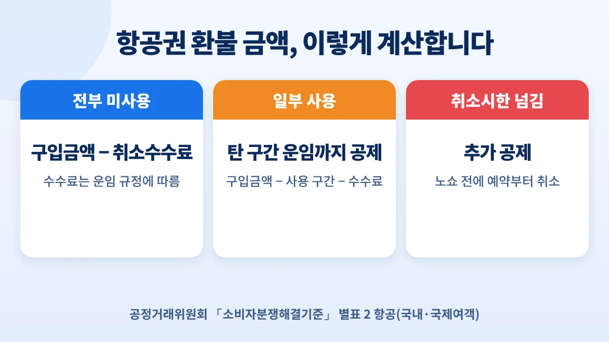 항공권 환불 금액 계산: 전부 미사용 구입금액−취소수수료, 일부 사용 탄 구간 운임까지 공제, 취소시한 넘기면 추가 공제