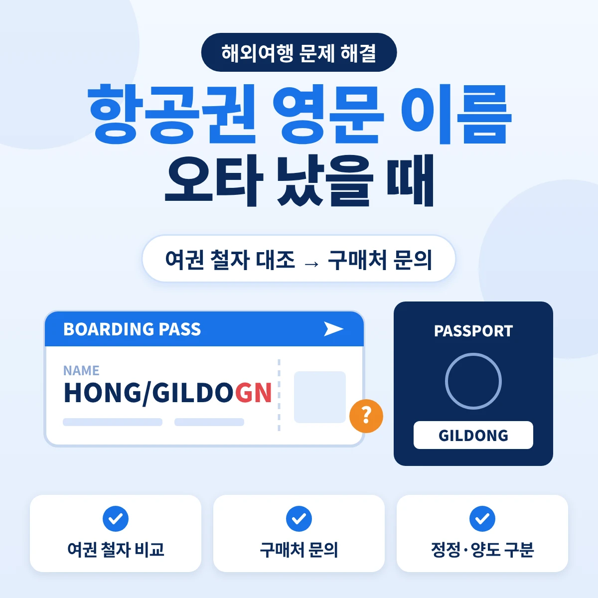 항공권 영문 이름 오타 발견 시 여권 철자 대조와 구매처 문의 순서 요약