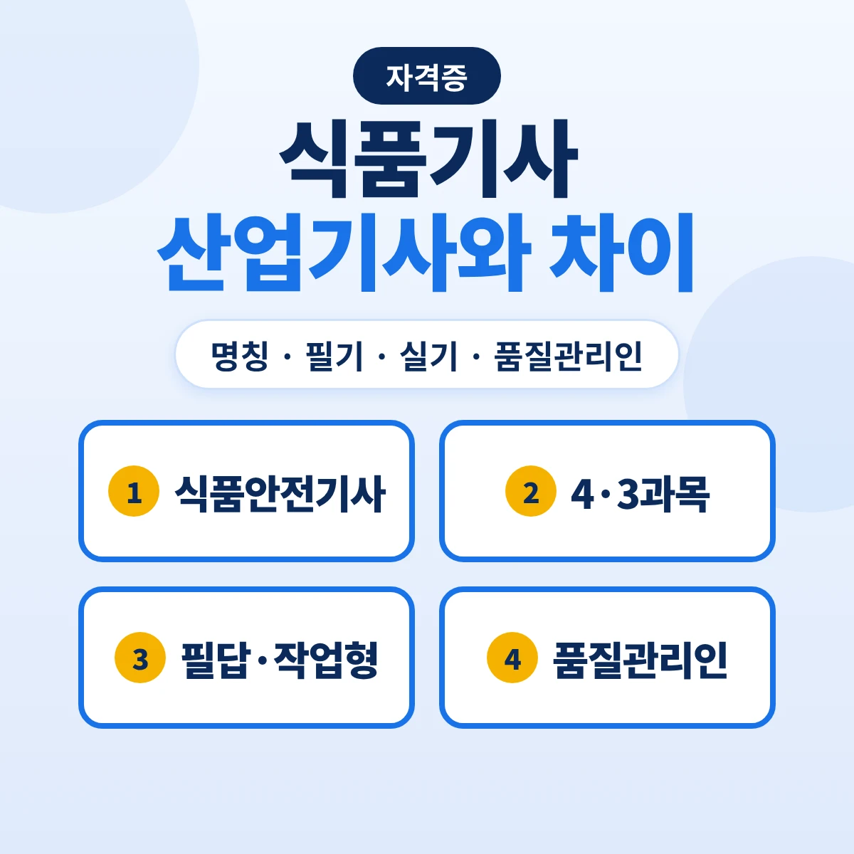 식품기사 식품산업기사 차이: 식품안전기사 명칭·필기 4과목·3과목·필답형과 작업형 실기·품질관리인 기준 비교