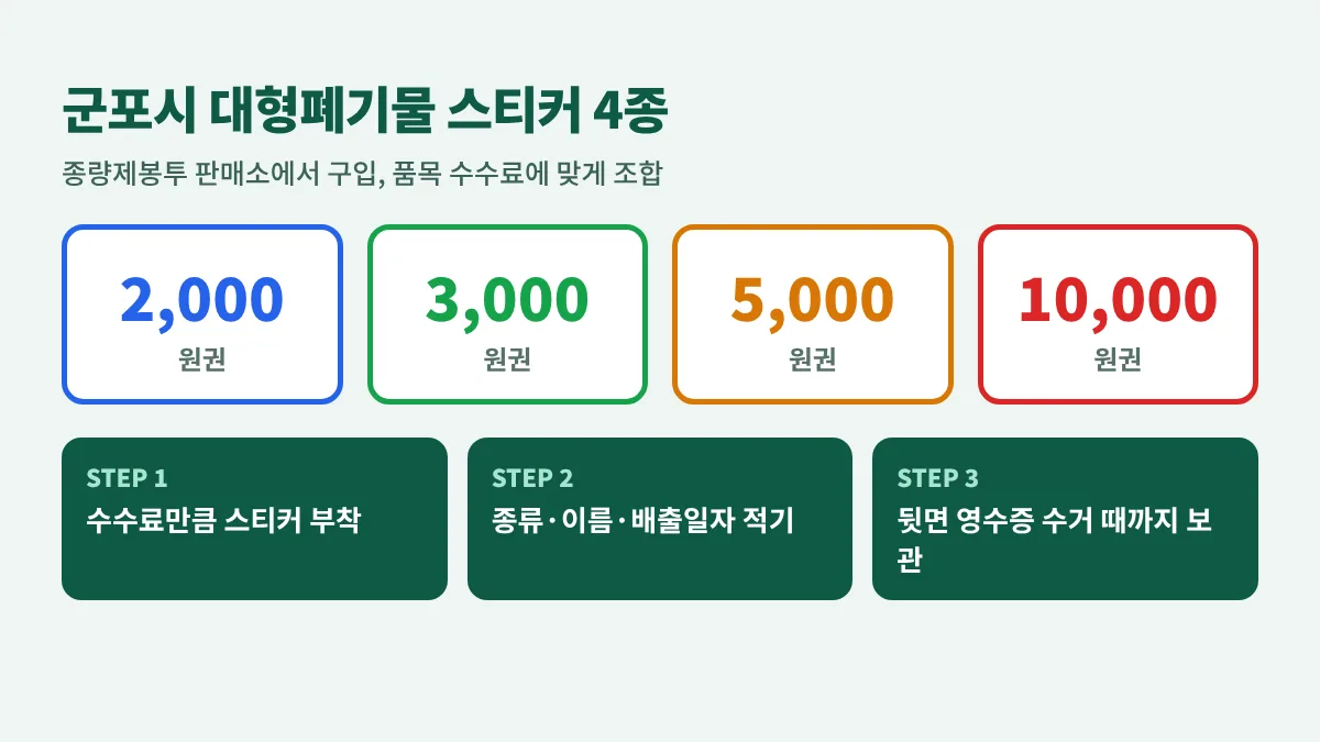군포시 대형폐기물 배출 스티커 4종: 2,000원권, 3,000원권, 5,000원권, 10,000원권, 품목 수수료에 맞게 조합해 붙이고 폐기물 종류·이름·배출일자 기재, 뒷면 영수증은 수거될 때까지 보관