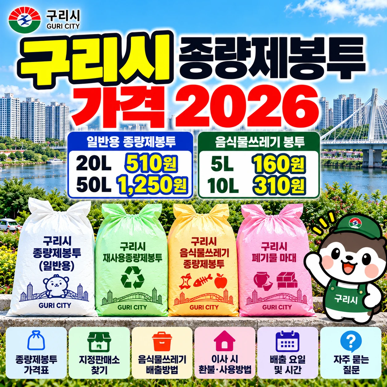 구리시 종량제봉투 가격 2026 일반용 20L 510원 50L 1250원 음식물봉투 5L 160원 판매소 안내
