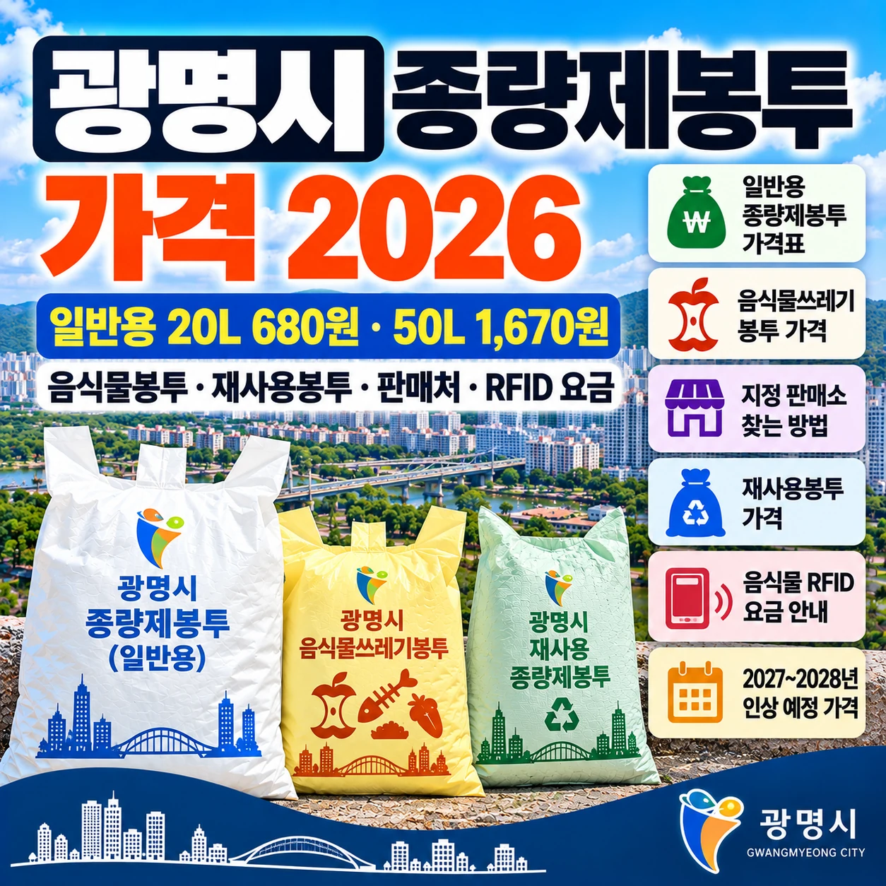 광명시 종량제봉투 가격 2026 일반용 20L 680원 50L 1670원 음식물봉투 판매처 안내