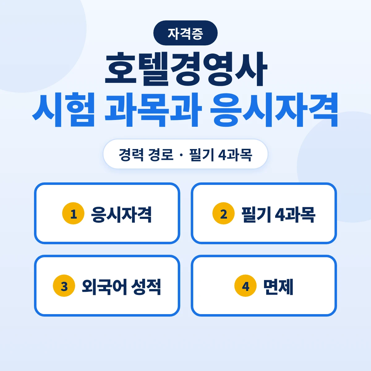 호텔경영사 시험 과목과 응시자격: 경력 3년 2가지 경로·필기 4과목·외국어 성적 기준·면제