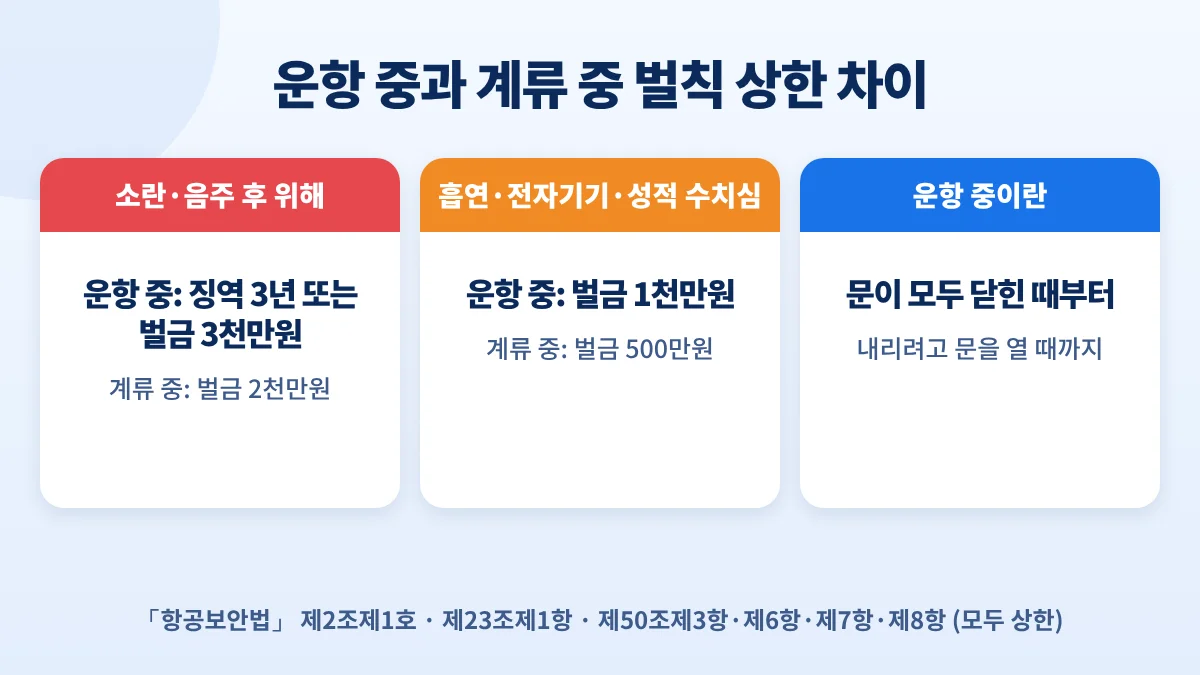 운항 중과 계류 중 벌칙 상한 차이: 소란·음주 후 위해 운항 중 징역 3년 또는 벌금 3천만원, 계류 중 벌금 2천만원, 흡연 등 운항 중 1천만원·계류 중 500만원
