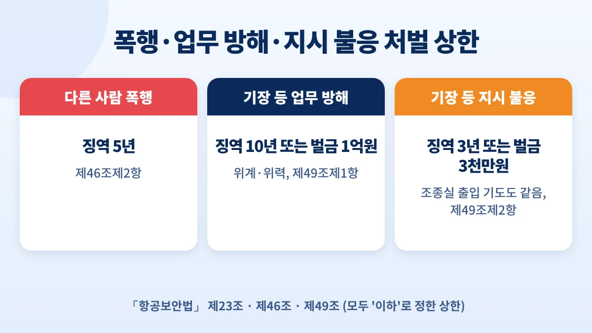 폭행·업무 방해·지시 불응 처벌 상한: 기내 폭행 징역 5년, 기장 등 업무 방해 징역 10년 또는 벌금 1억원, 지시 불응 징역 3년 또는 벌금 3천만원