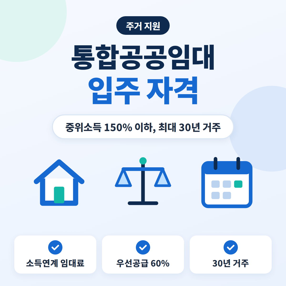 통합공공임대주택 입주 자격과 소득 기준, 소득연계 임대료와 30년 거주를 정리한 안내 이미지