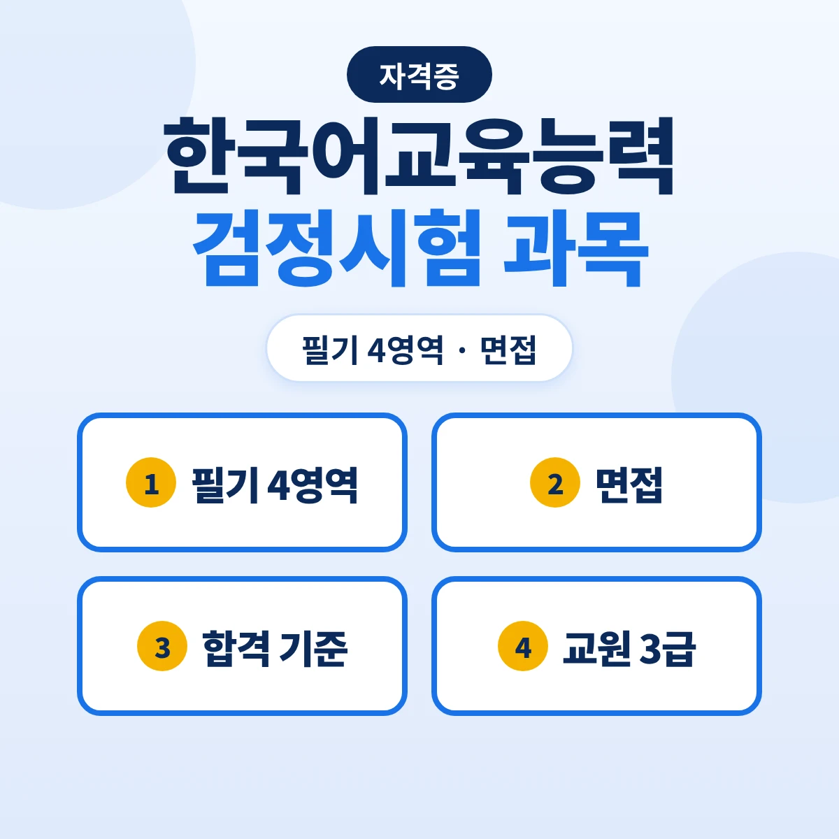 한국어교육능력검정시험 과목과 합격 기준: 필기 4영역 300점·면접 평가·한국어교원 3급 연결