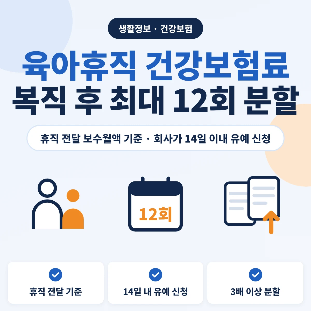 육아휴직 건강보험료 휴직 전달 보수월액 기준 납입고지 유예와 복직 후 최대 12회 분할 안내 이미지